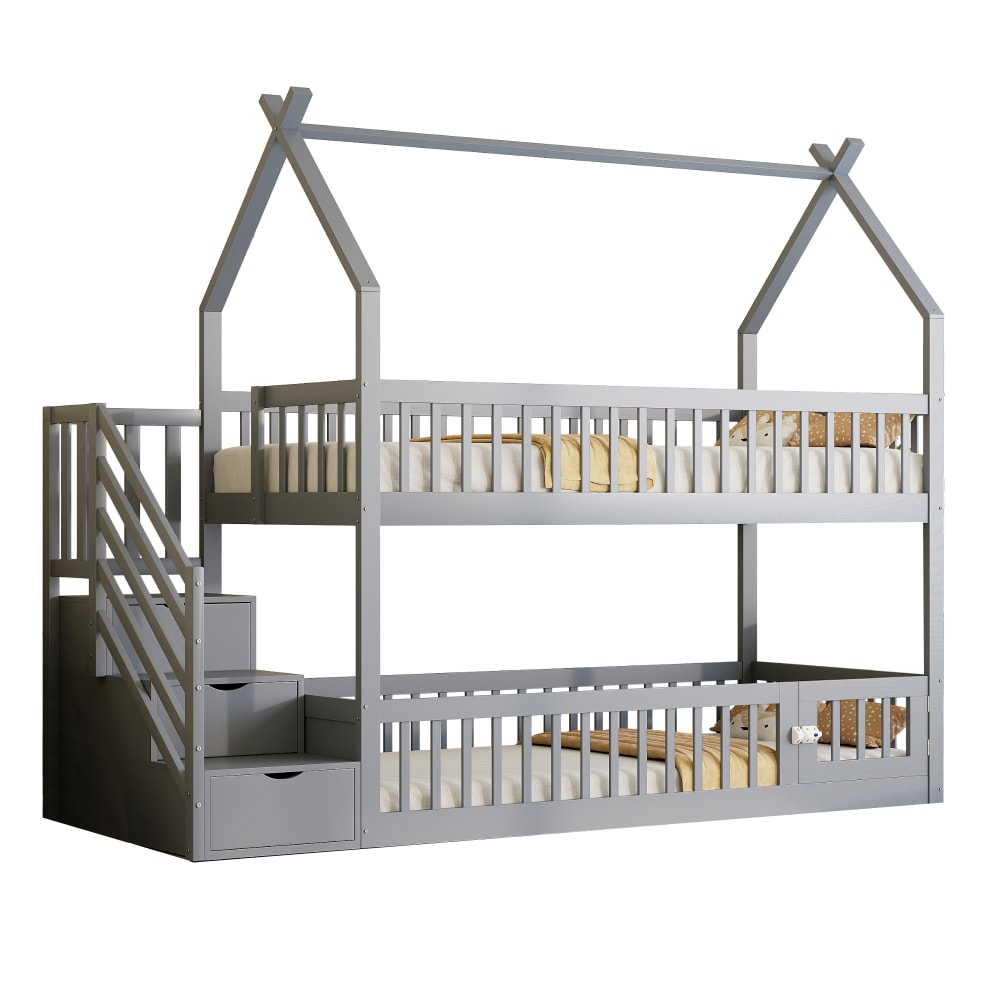 ComfortXL Haus Etagenbett mit Stauraumtreppe Grau 90x200 cm GRAU HOLZ Baby