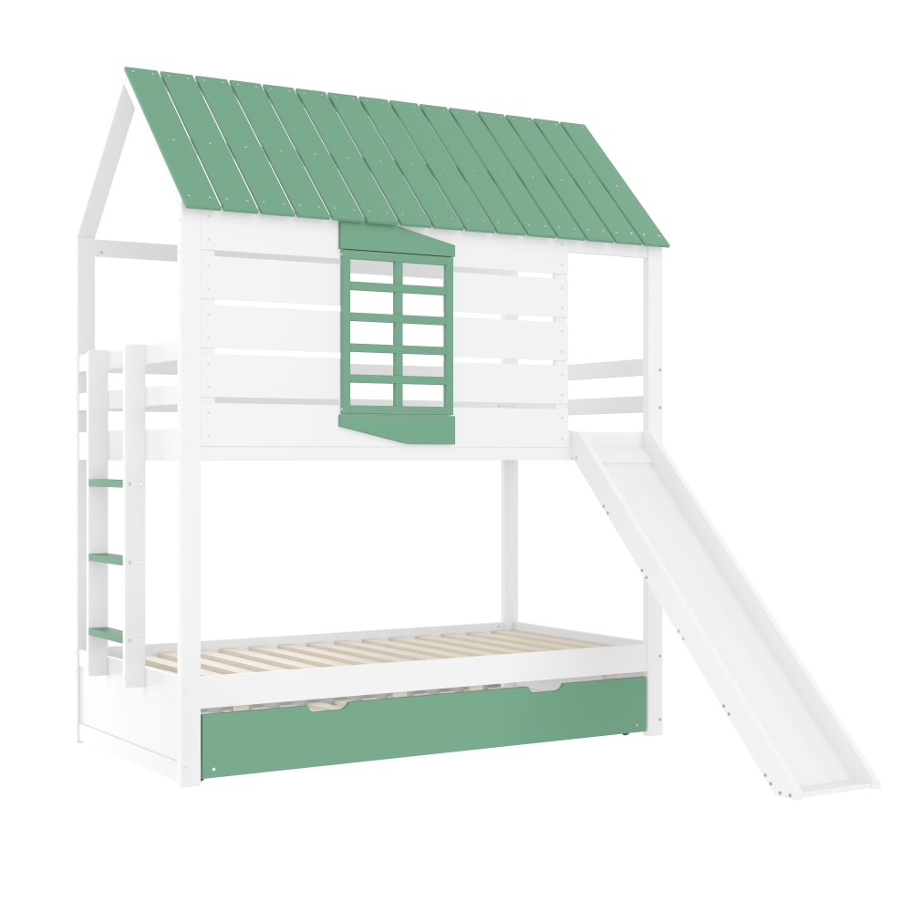 Lit superposé cabane pin toboggan gigogne blanc vert 90x200 cm