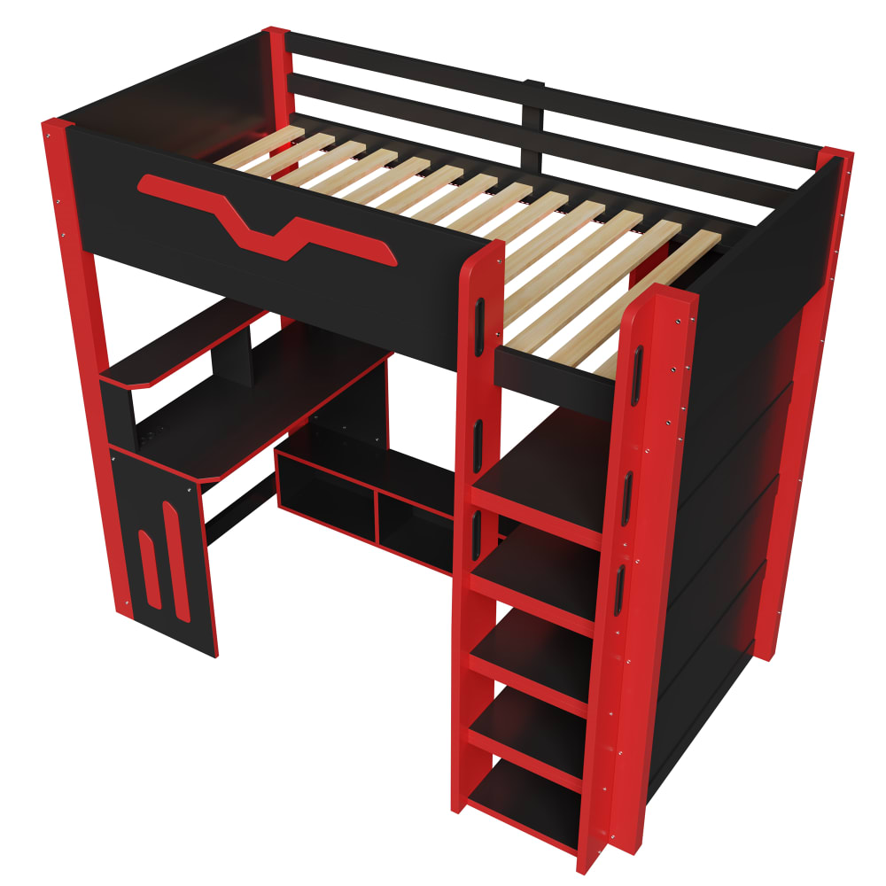 Lit mezzanine bureau rangement led noir rouge 90x200 cm