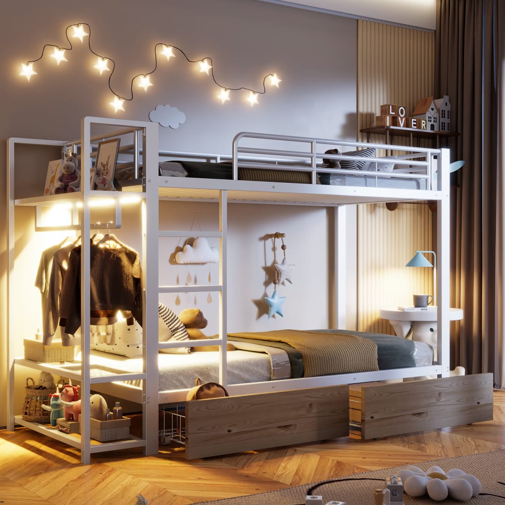 Etagenbett aus Eisen mit led und Stauraum Weiß 90x200 cm -