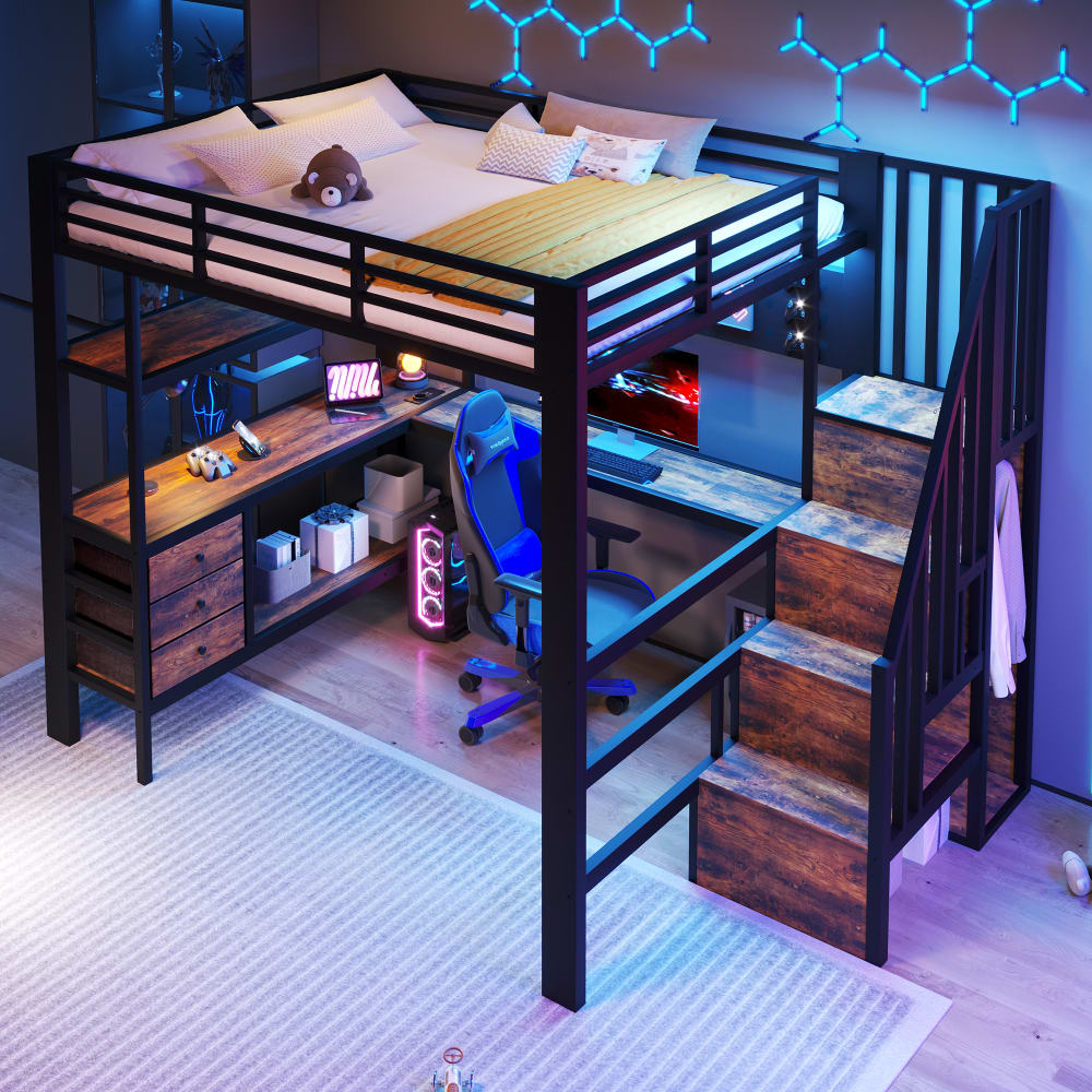 Kinderhochbett aus Eisen mit Schreibtisch und LED schwarz 140 x