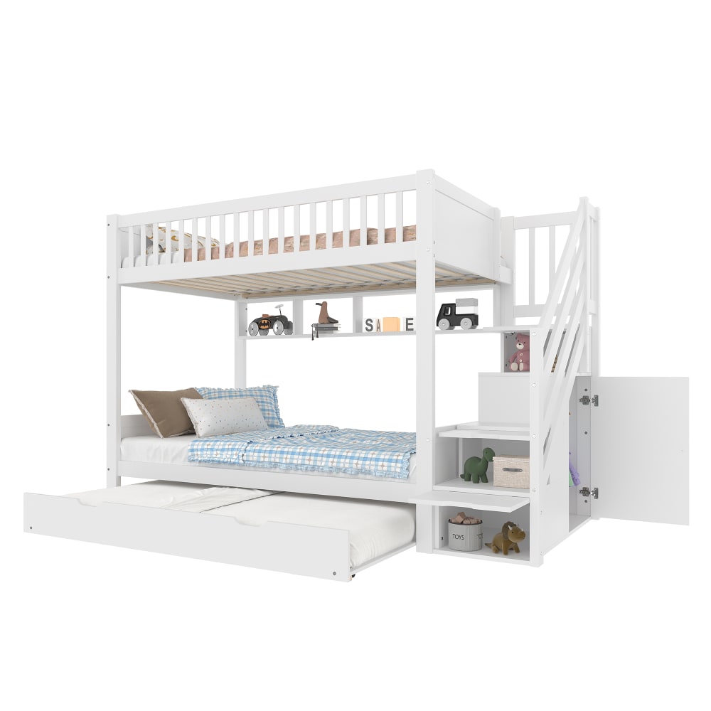 Lit superposé pin lit gigogne armoire rangement blanc 90x200 cm