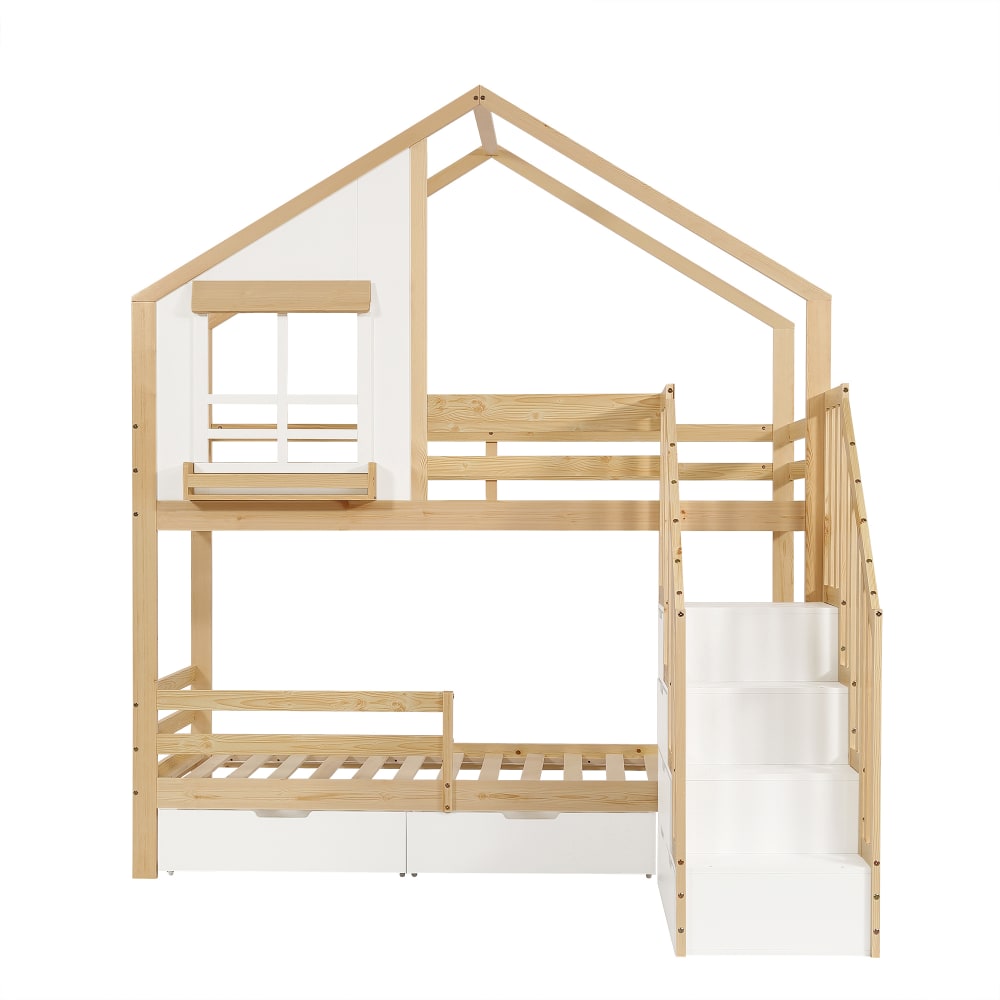 Etagenbett Haus mit Schubladen weiß natur 90x200 cm - Maisons Du