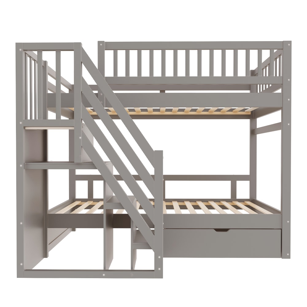 Etagenbett Holz Stauraumtreppe Schubladen grau 90x200 cm -