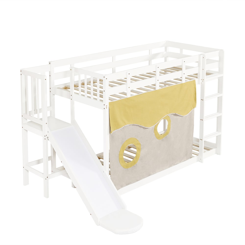 ComfortXL Kinder Etagenbett mit Rutsche Vorhang weiß 90x200 cm Holz Baby