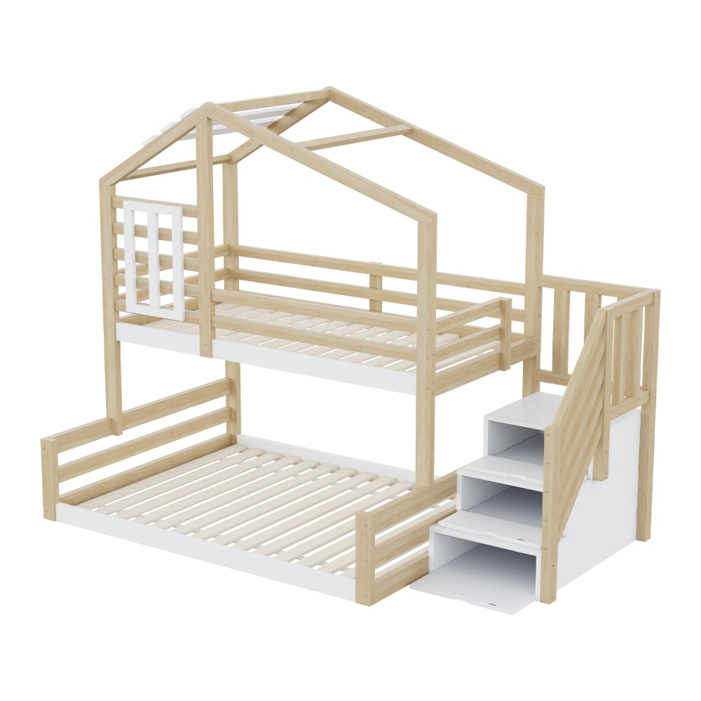 ComfortXL Haus Etagenbett mit Stauraum Natur 90x200 140x200 cm BEIGE HOLZ Baby