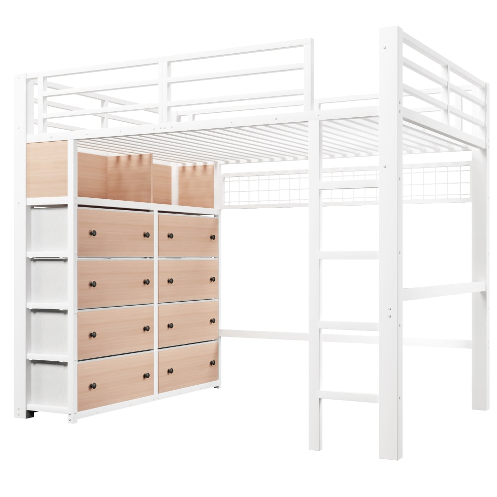 Lit mezzanine enfant avec 8 tiroirs étagères et led 140 x 200 cm