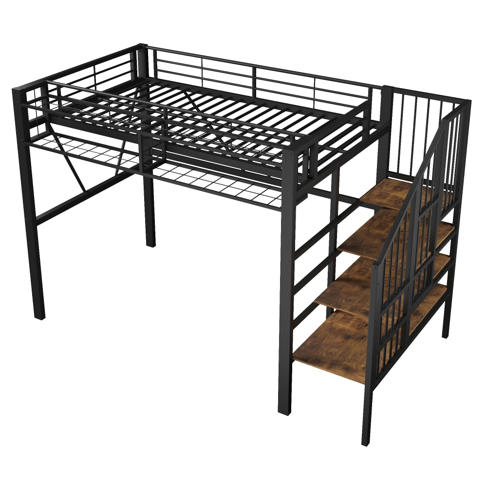 Lit mezzanine enfant en fer avec escalier et led noir 90 x 200 cm