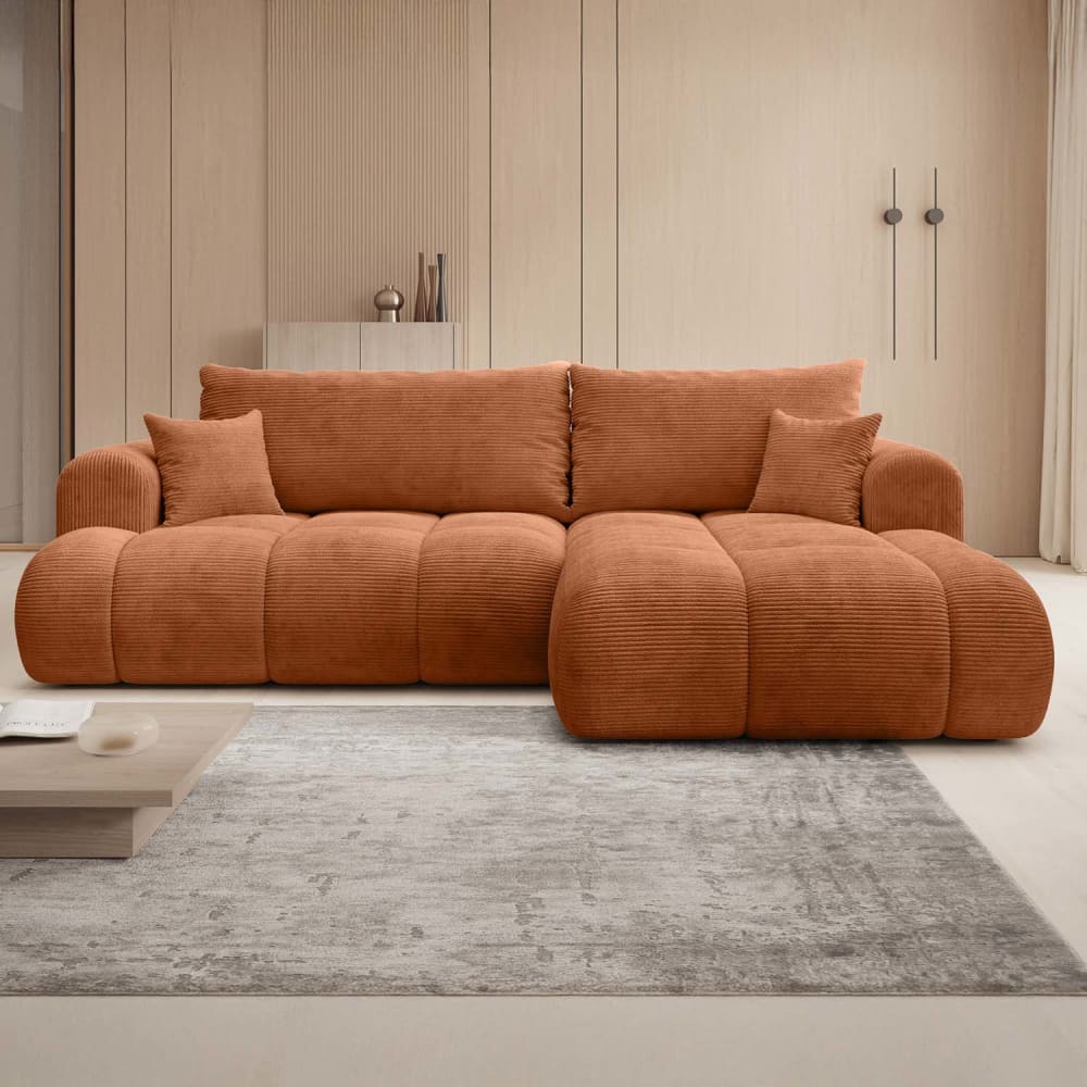 Canapé d'angle droit convertible 4 places en velours côtelé terracotta