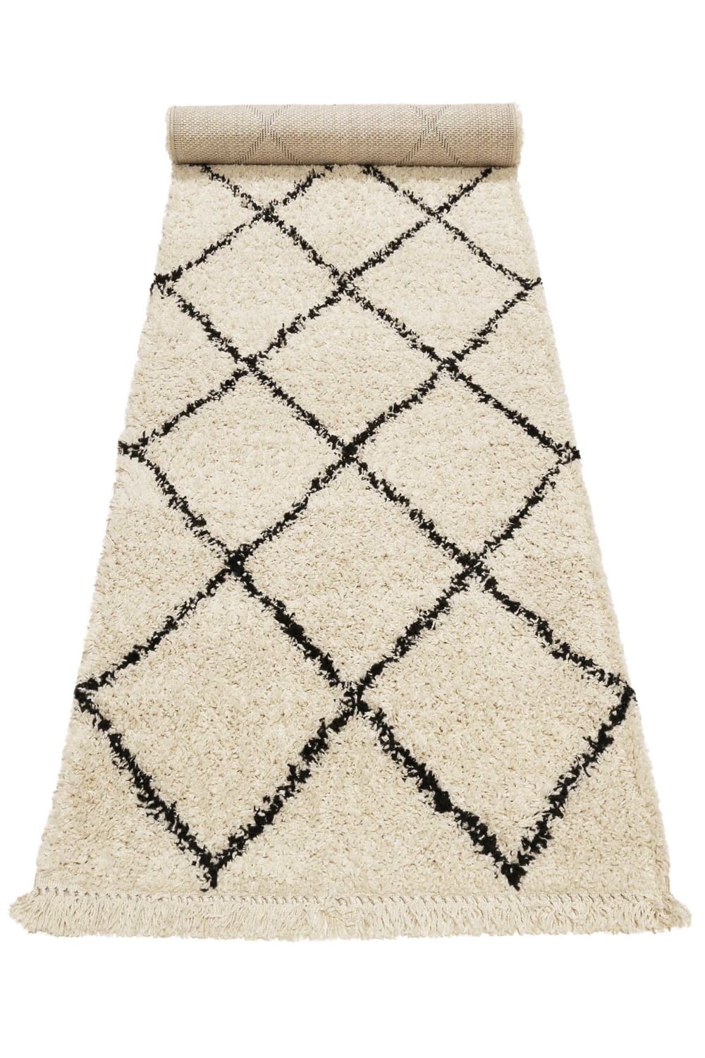Tapis tissé style berbère beige et noir poils longs 80x300