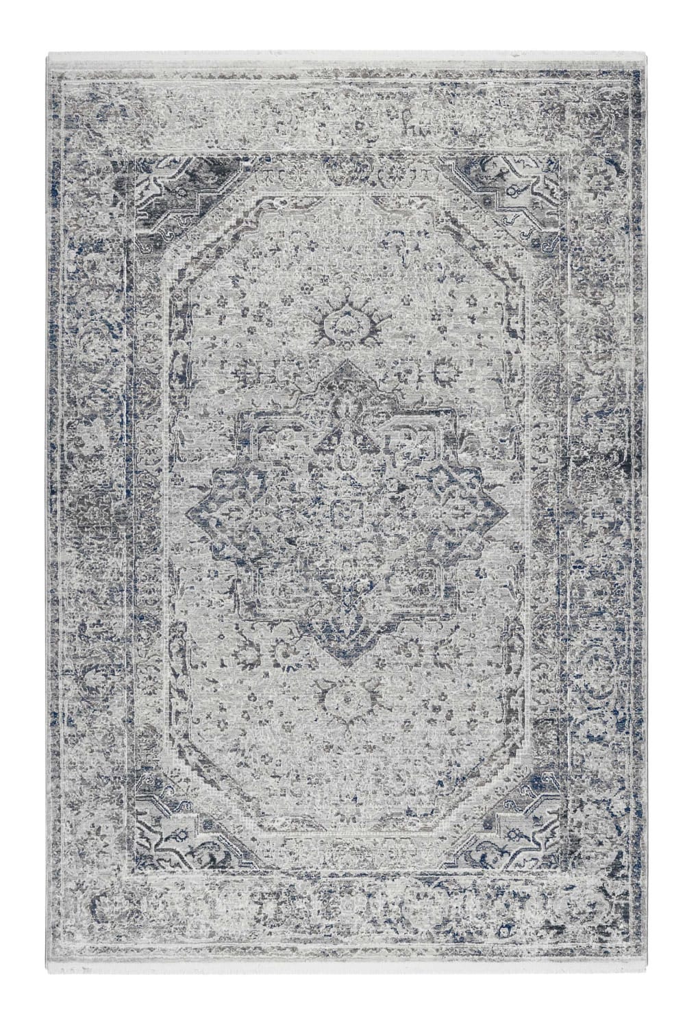Tapis vintage bohème à poils ras et franges gris bleu beige 170x120