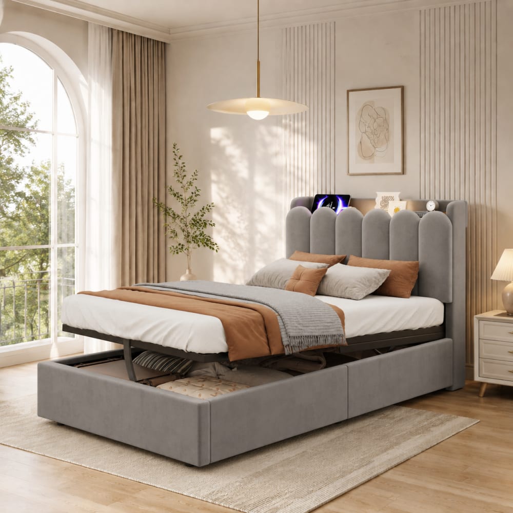 Lit rembourré enfant en pin gris 90x200 cm