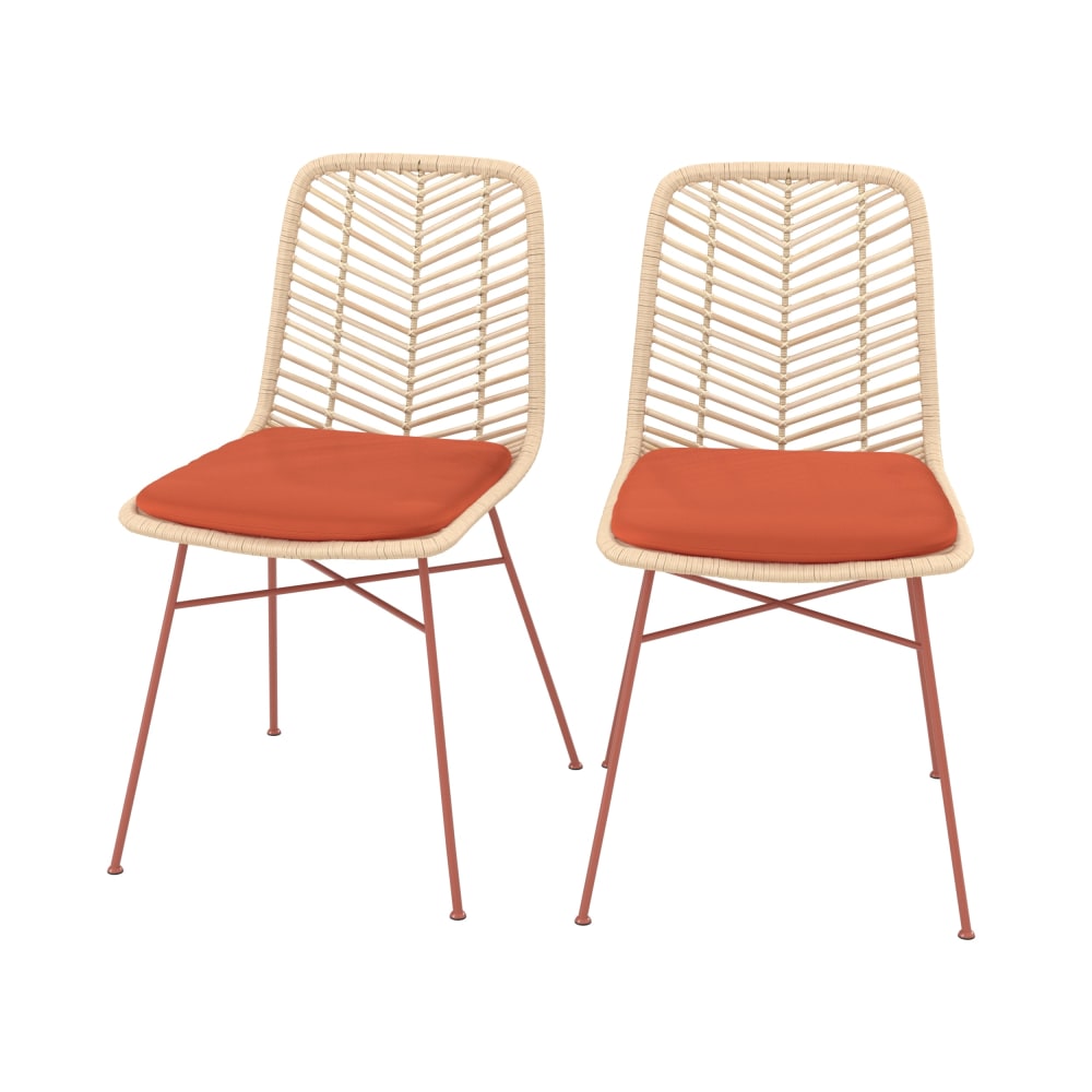 Maison Pavane 2er Set Rattanstühle mit leuchtend orangefarbenem Stoff style landhaus orange Rattan