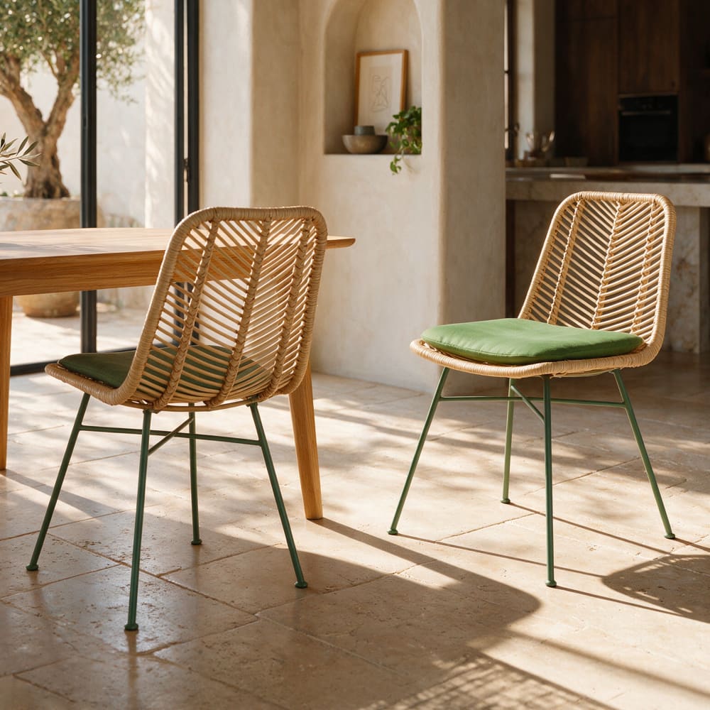 2er Set Rattan- und Olivgrün Stoffstühle - Maisons Du Monde