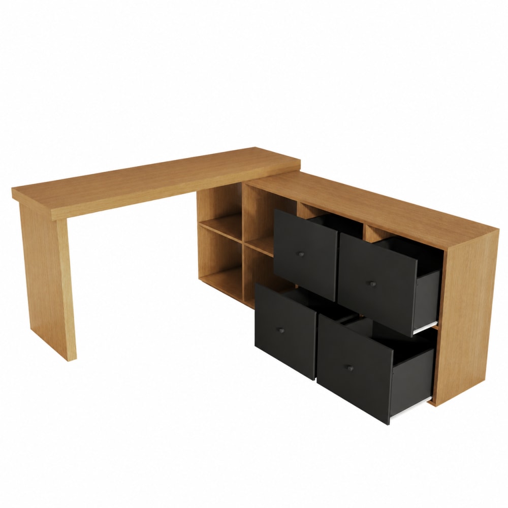 Bureau d’angle pivotant à 360°, 4 tiroirs, noir, 140x120x78 cm