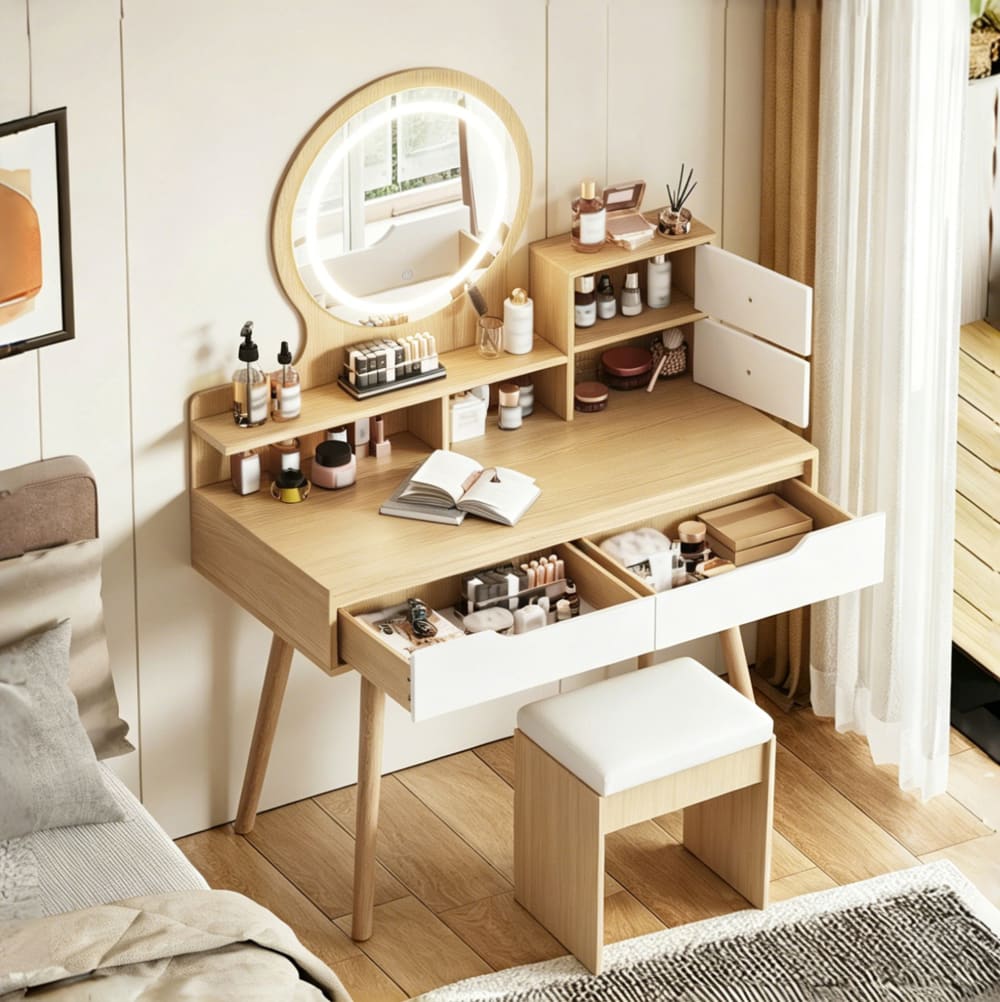 Kosmetiktisch mit Spiegel, LED, Hocker, 2 Schubladen, 80 cm,
