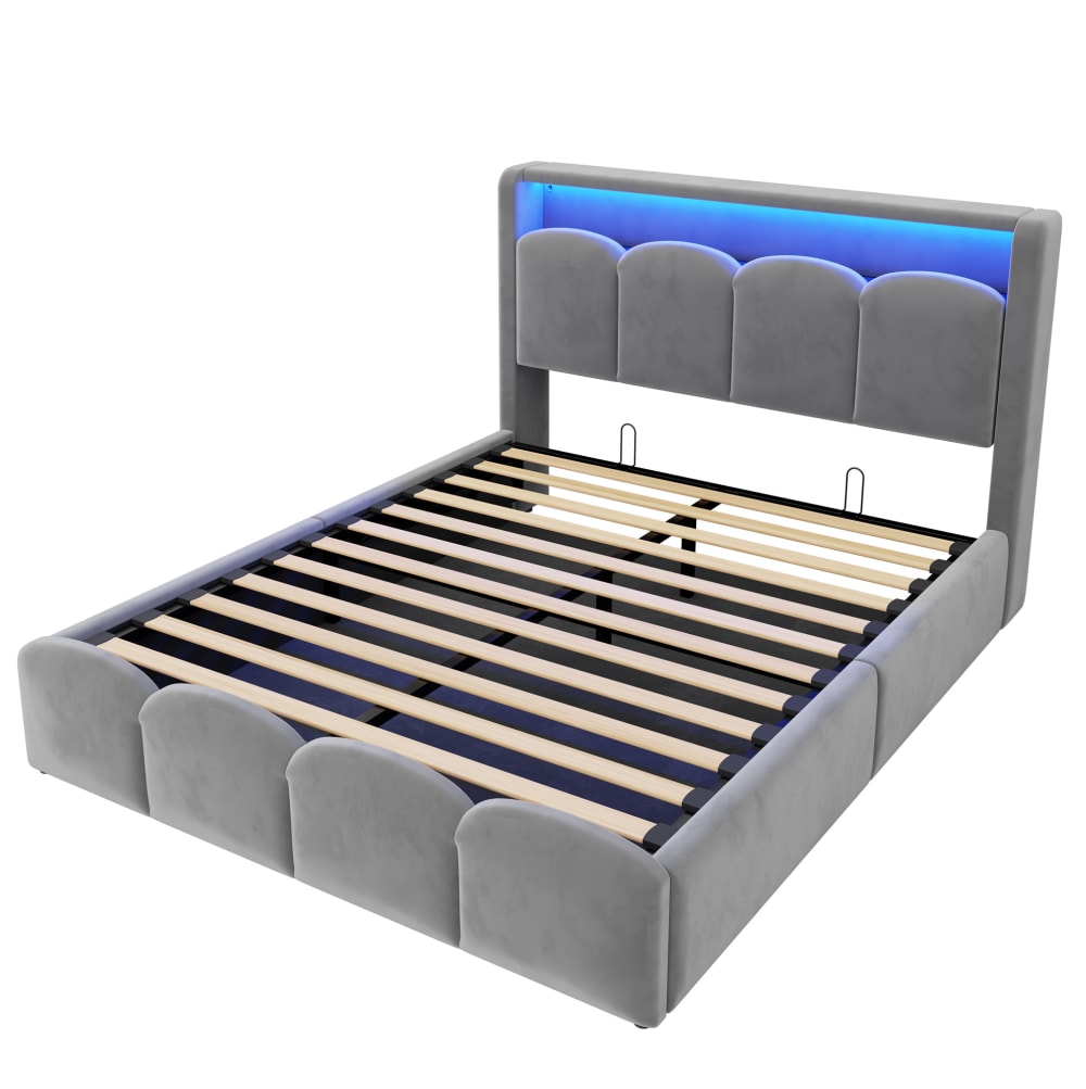 Lit coffre 140x200 avec led, usb-c et rangement, velours gris