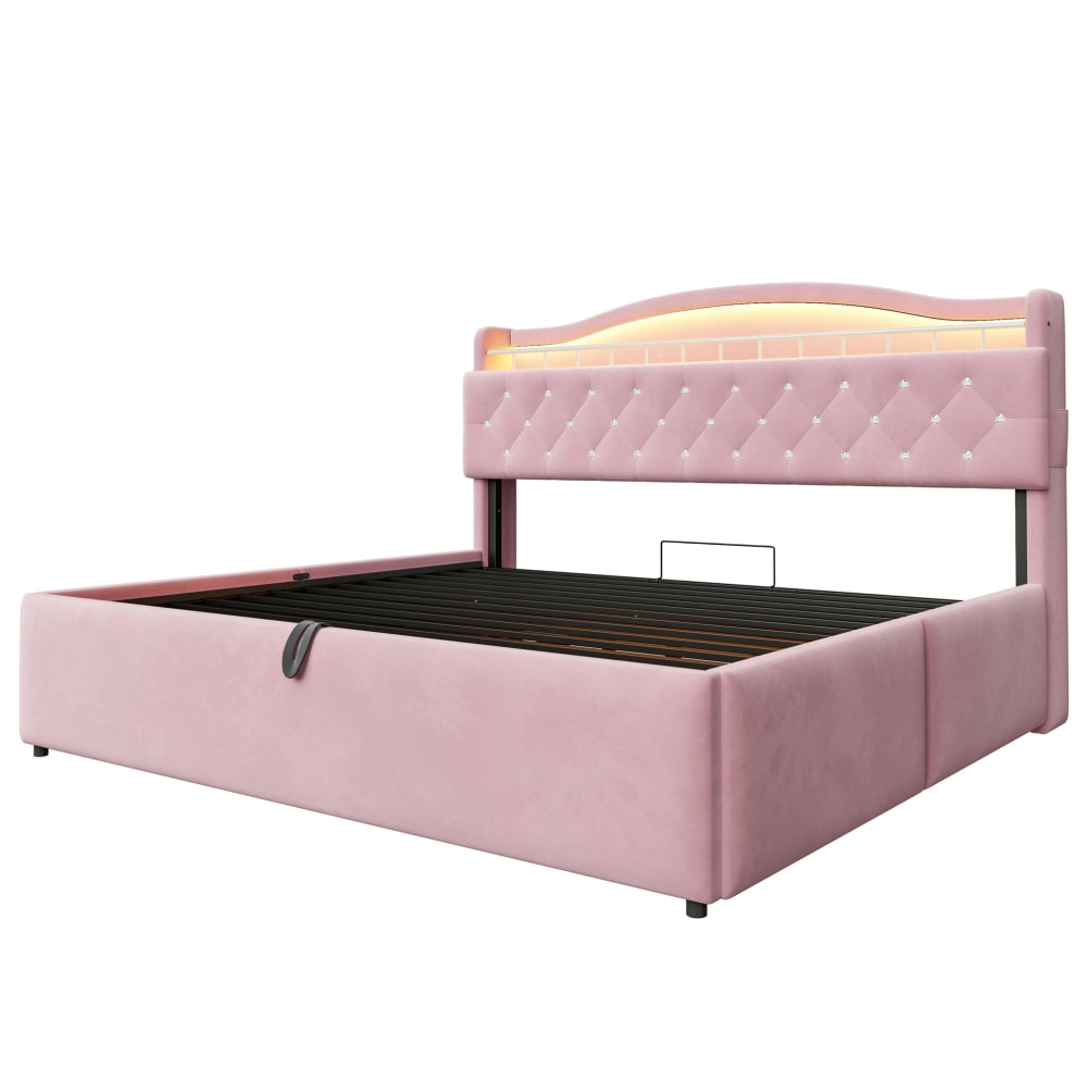 Lit adulte coffre 180x200 cm avec rangement, port usb, velours rose