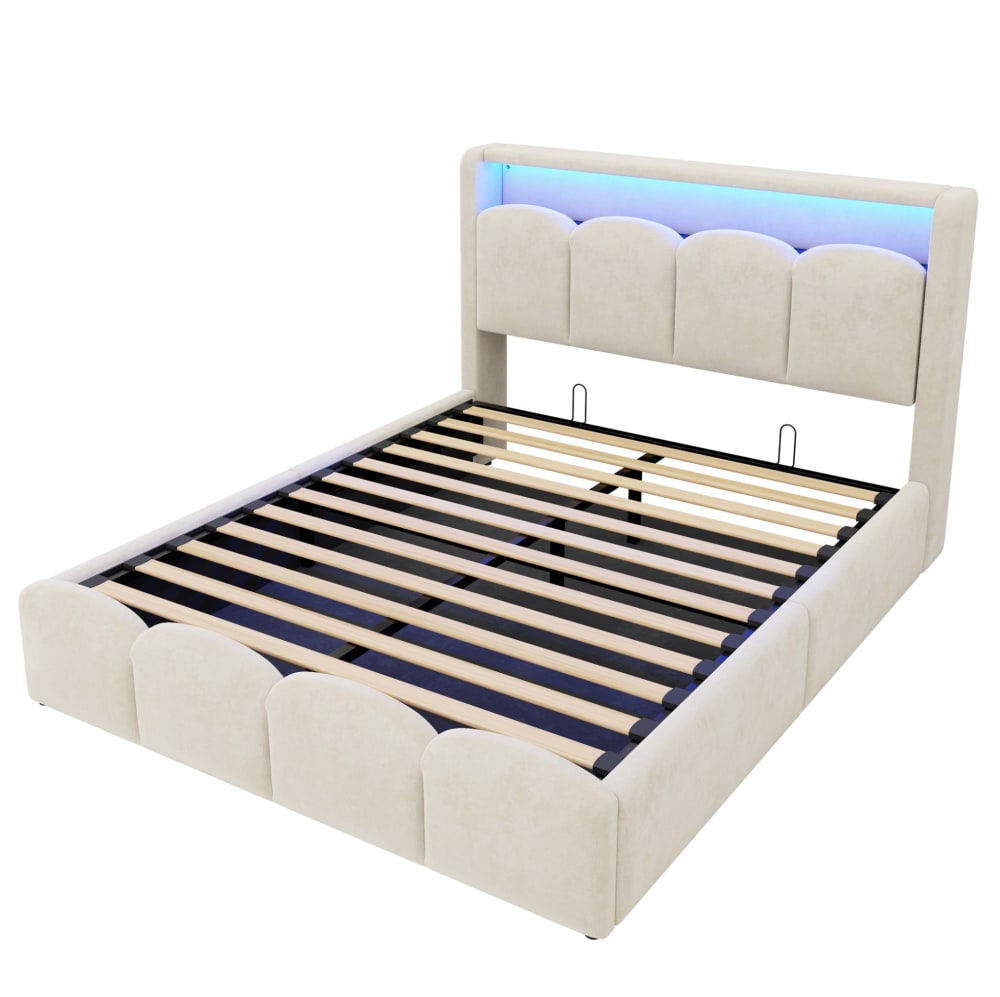 Lit coffre 140x200 avec led, usb-c et rangement, velours beige