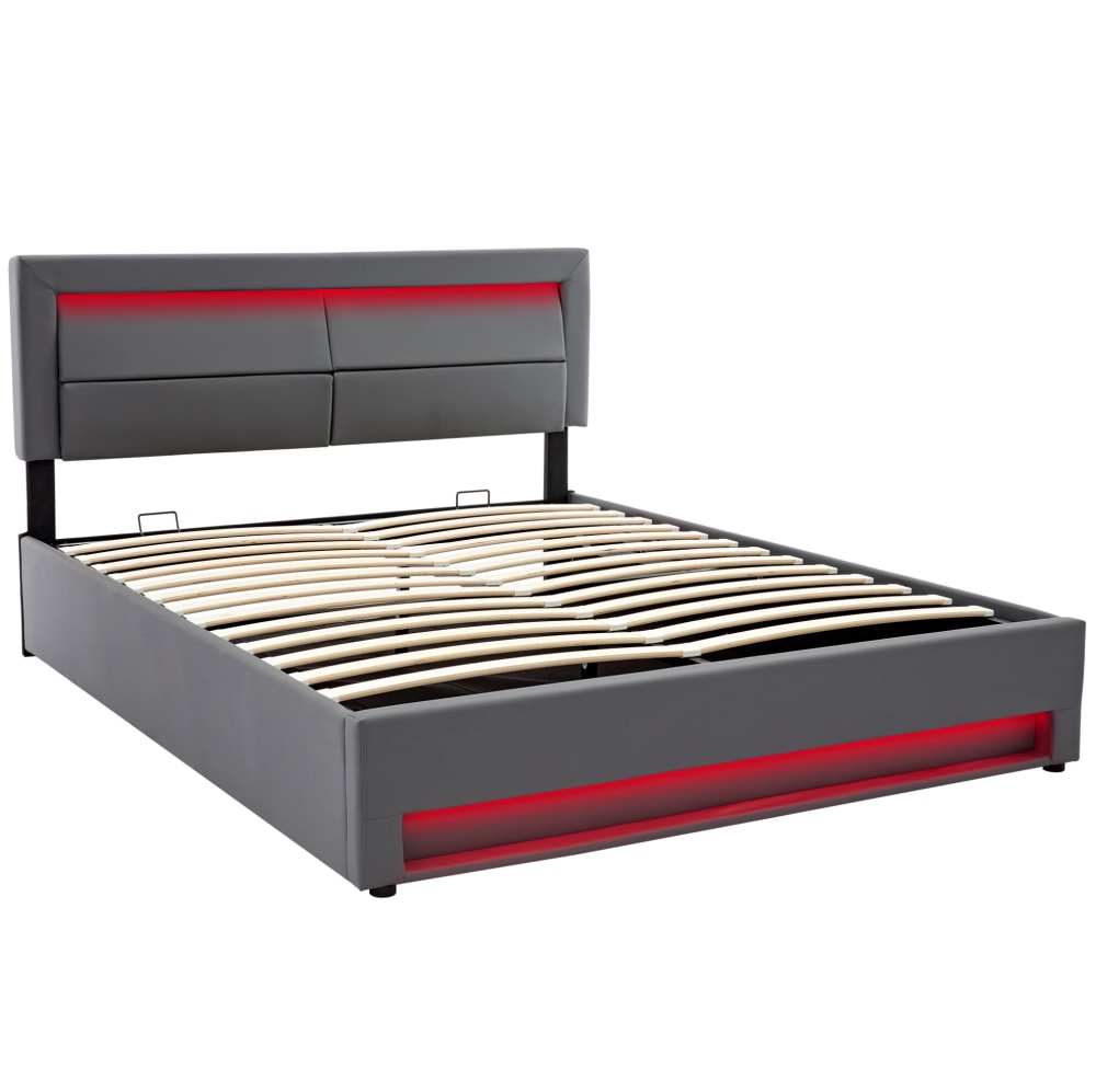 Lit adulte 140x200 avec coffre de rangement, usb et led, gris