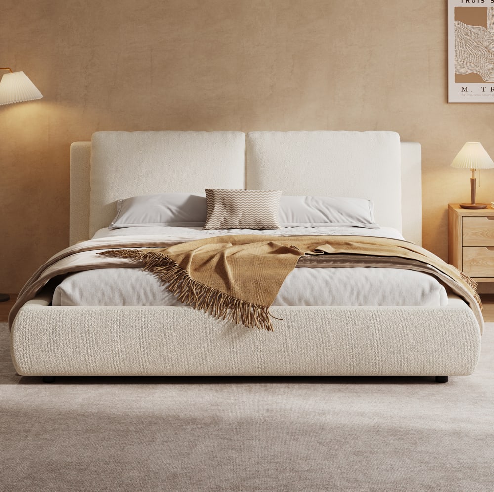Lit adulte 160x200 cm avec rangement et sommier, tissu bouclé beige