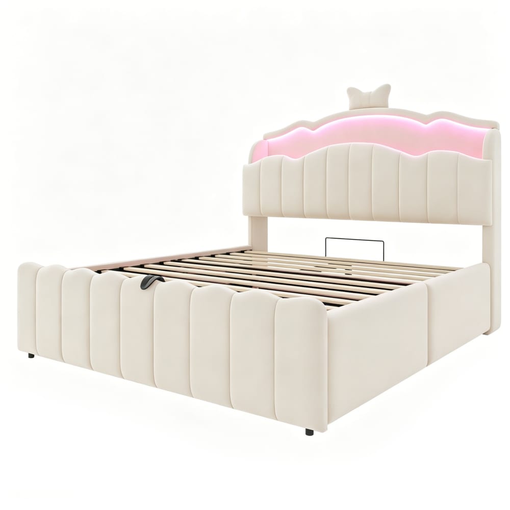 Lit enfant 140x200 avec rangement, led et usb – beige