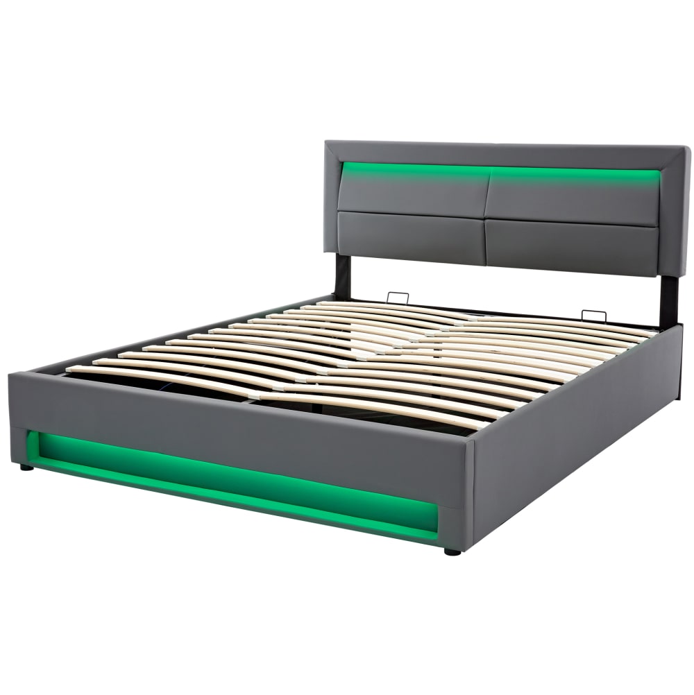 Lit coffre 140x190 cm avec port usb, éclairage led et rangement, gris