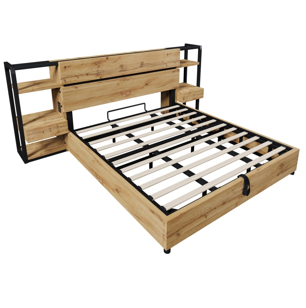 Lit double avec rangement, usb et tiroirs, chêne, 180x200 cm