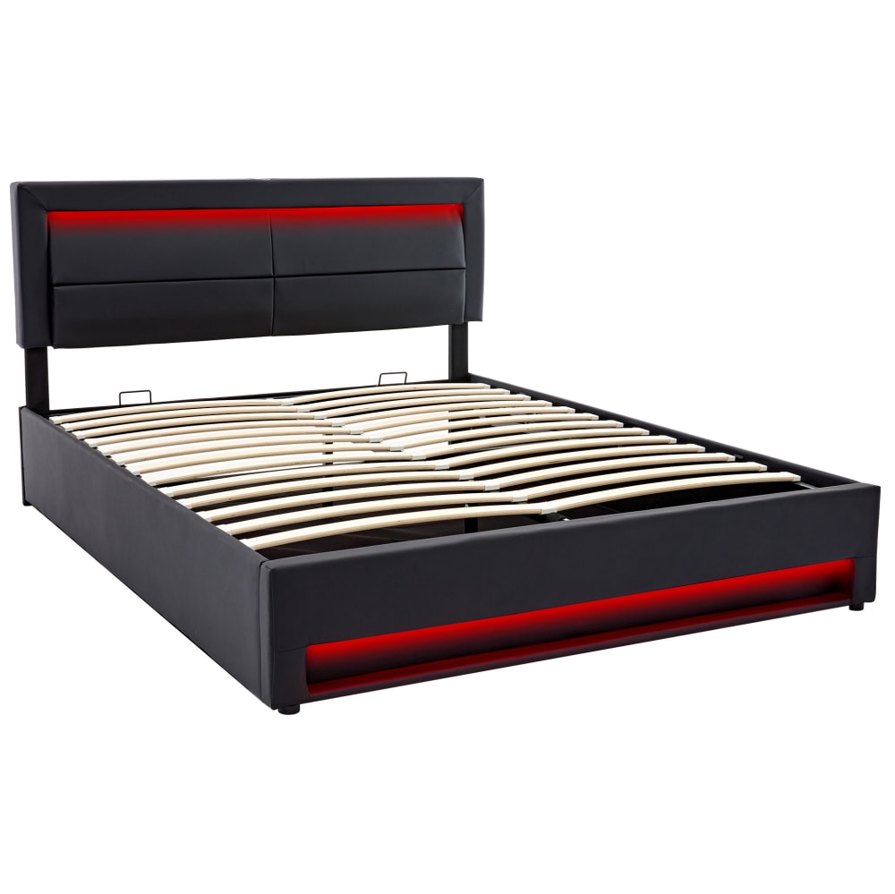 Lit coffre 140x190 cm avec éclairage led, port usb et rangement, noir