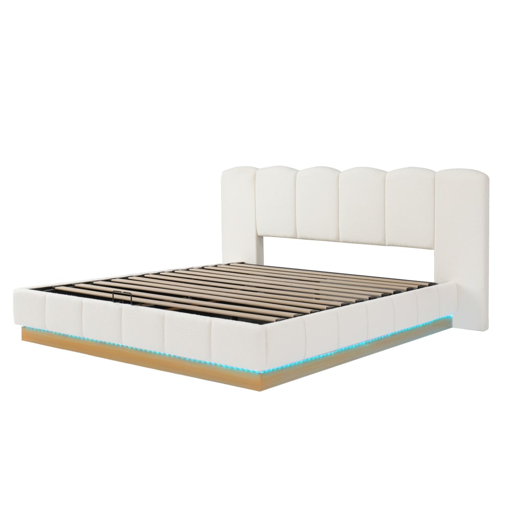 Lit adulte  avec rangement, led, tissu bouclé, blanc, 180x200 cm