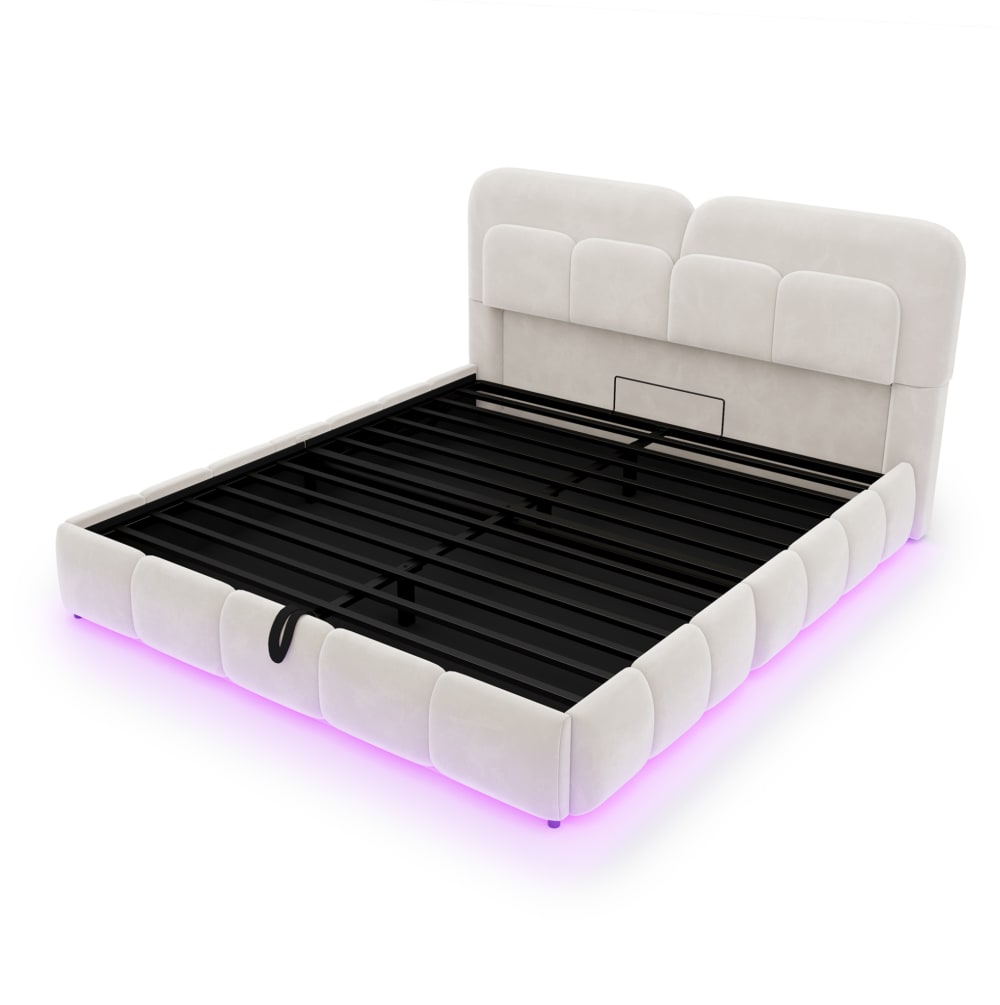Lit coffre 140x200 avec éclairage led et rangement, velours beige