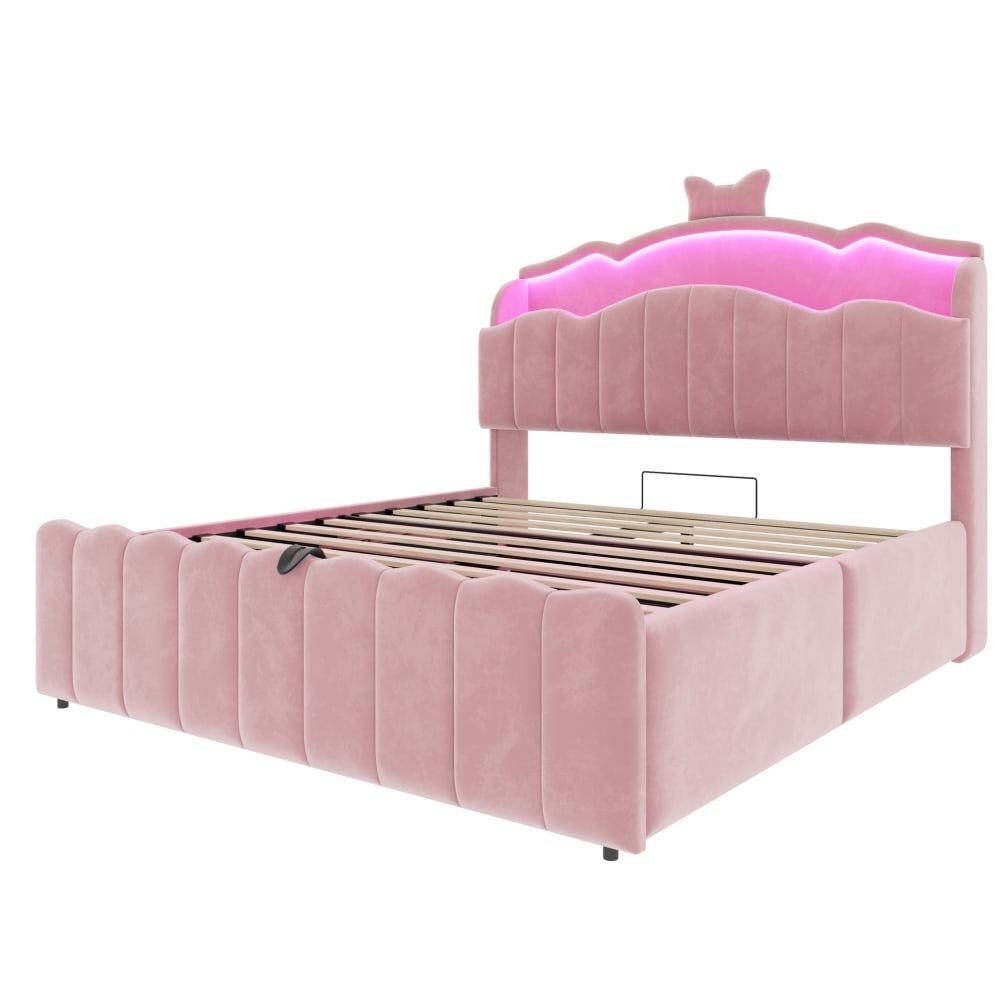Lit enfant 140x200 avec rangement, led et usb – rose