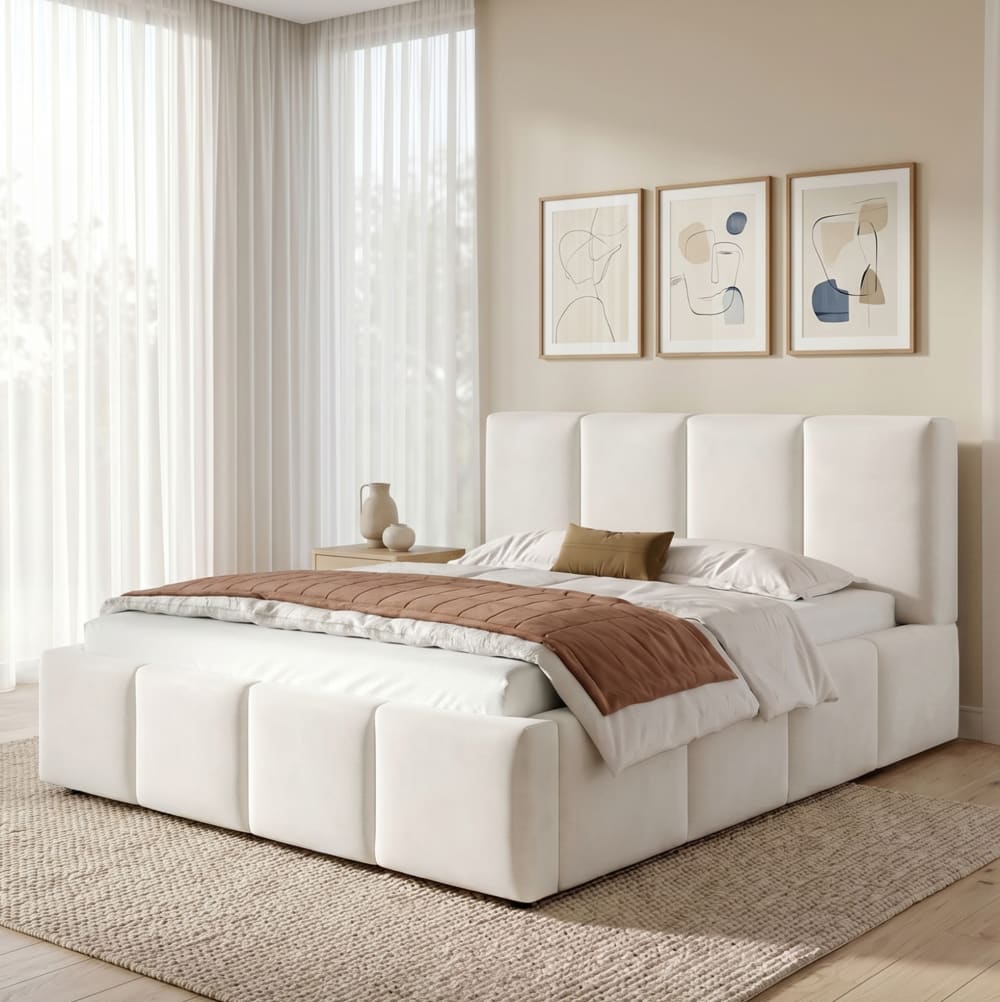 MODFU Polsterbett mit Lattenrost, Kopfteil, Chenille, 180x200 cm, Beige style modern Beige Stoff