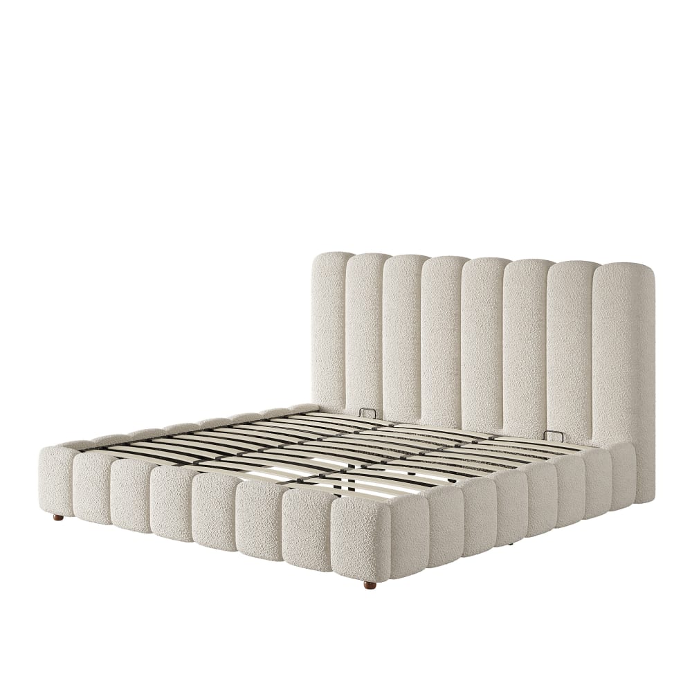 Lit adulte 180x200 avec coffre de rangement, tissu bouclé blanc