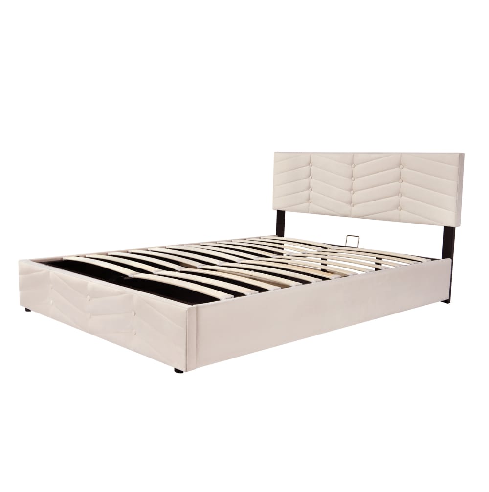 Lit coffre 140x200 avec sommier à lattes et tête de lit, beige