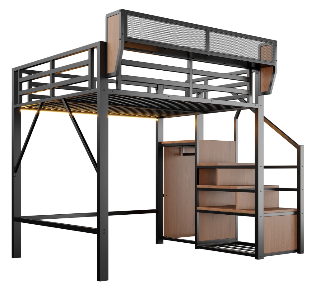Lit mezzanine 140x200 avec led, échelle et étagère, métal, noir