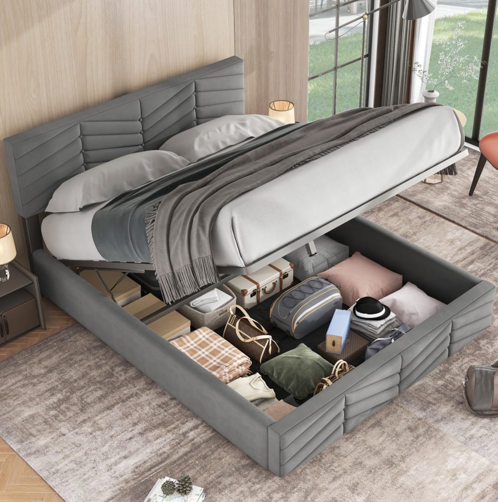 Lit coffre 140x190 avec rangement et tête de lit réglable, gris