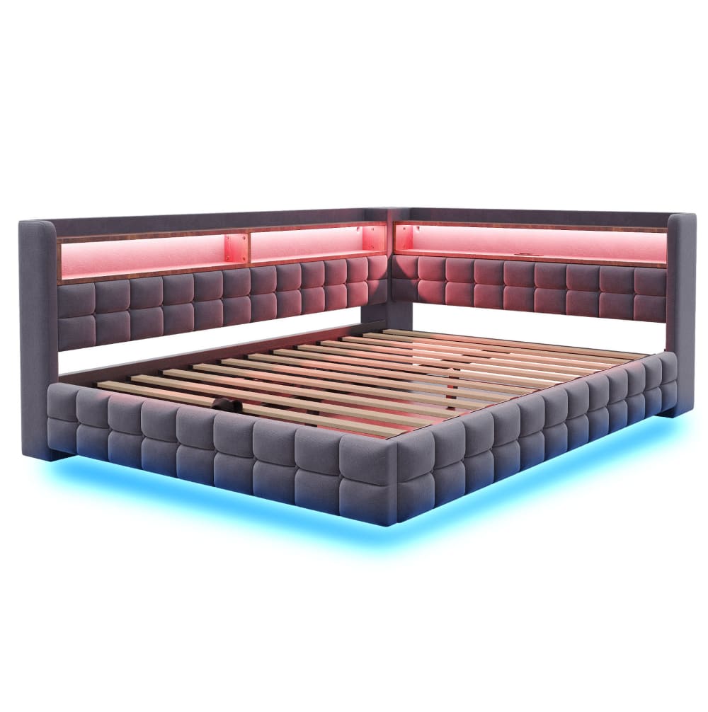 MODFU Polsterbett mit Stauraum, LED, USB, 140x200 cm, Grau style modern Grau Samt