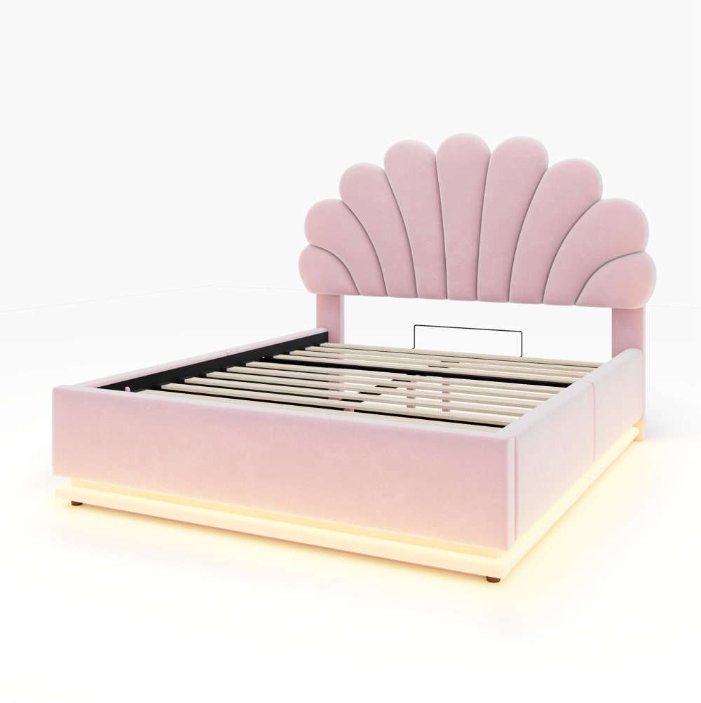 Lit enfant en velours rose 140x200 cm, avec led et rangement