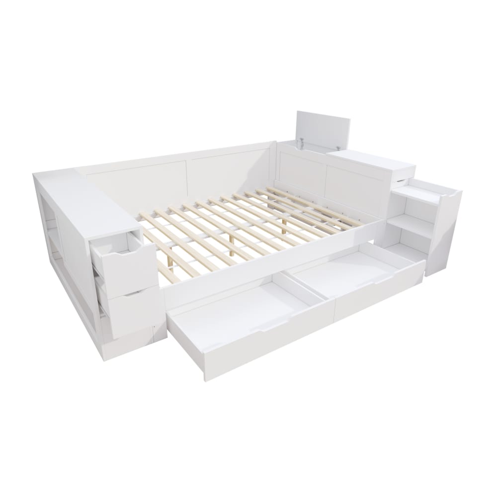 Lit adulte 140x200 avec tiroirs, étagères et table de chevet, blanc