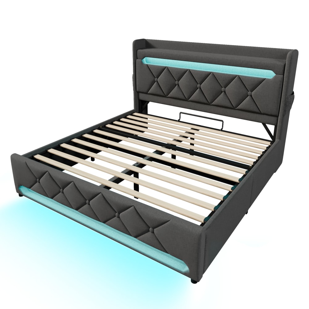 Lit coffre avec led, usb et rangement, gris, 140x190 cm