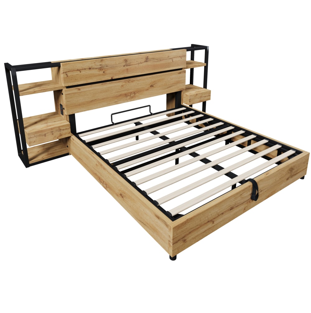 Lit double avec rangement, usb et tiroirs, chêne, 160x200 cm