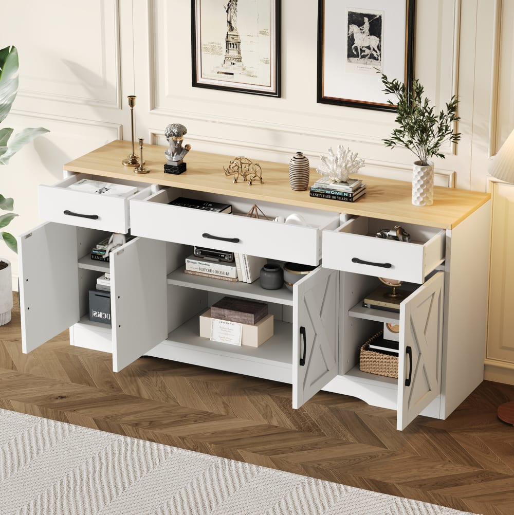 Buffet moderne avec 3 tiroirs et 4 portes, blanc, 160 cm