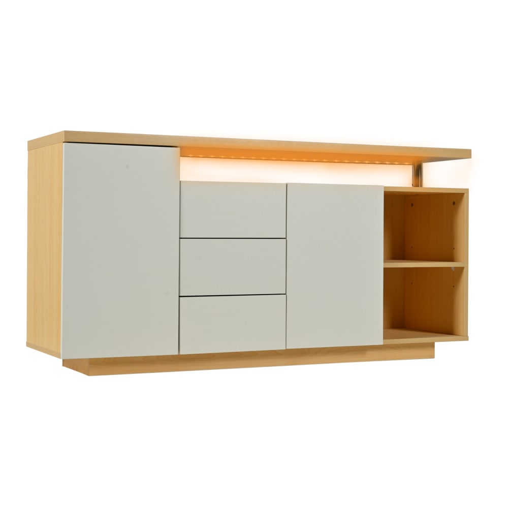 Buffet led, 2 portes et 3 tiroirs, blanc/chêne, 140 cm