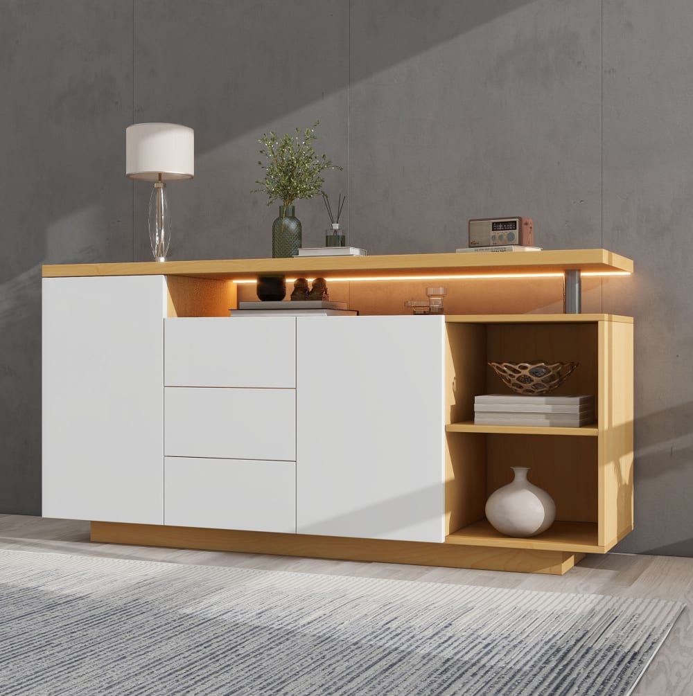 Sideboard mit LED, 2 Türen 3 Schubladen, Weiß/Eiche, 140 cm -