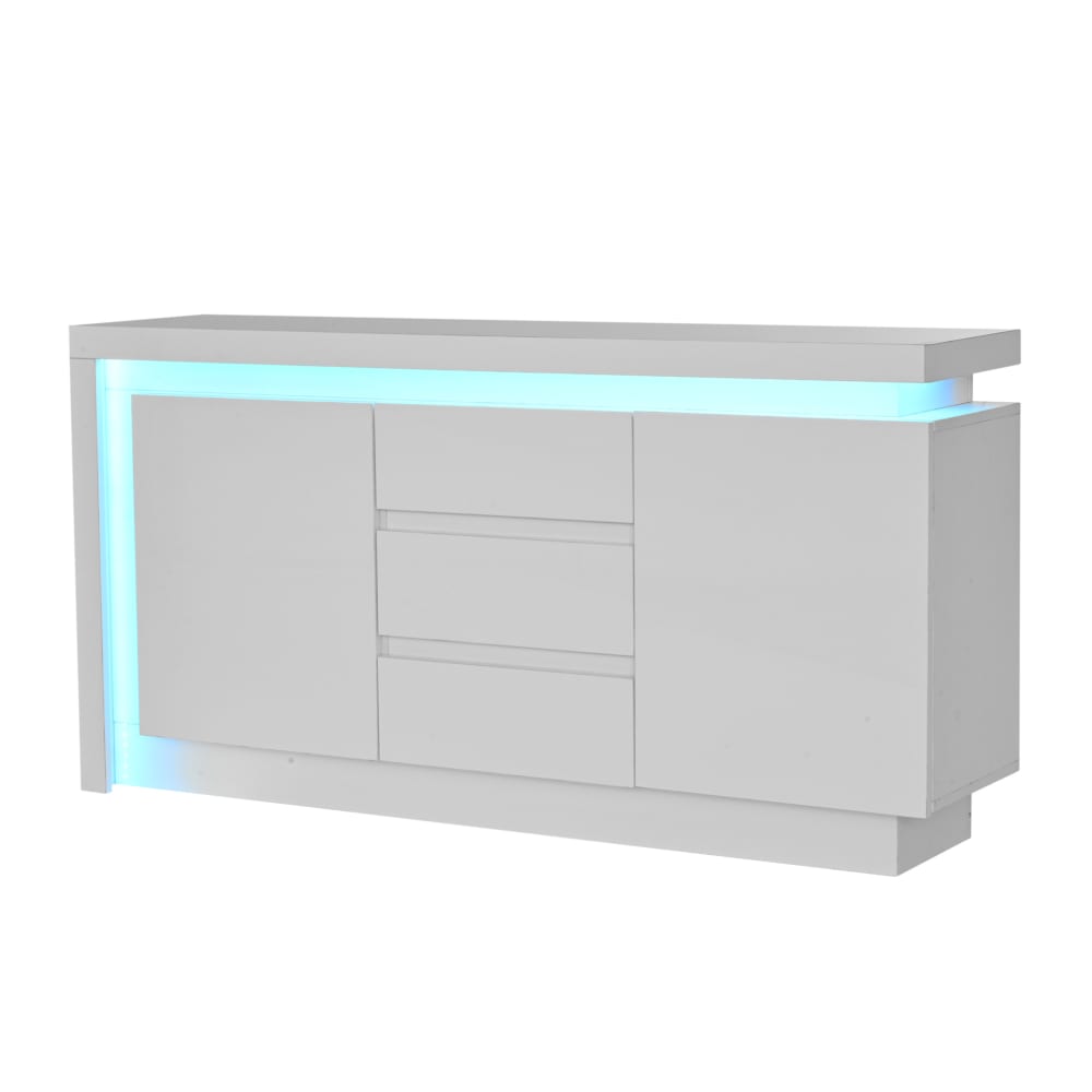 Buffet de 140x35x72 cm avec led, 3 tiroirs, 2 portes, blanc