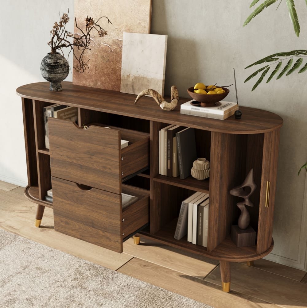 MODFU Sideboard mit 2 Schiebetüren und 2 Schubladen, 140cm, Nussbaum style modern Braun Spanplatte