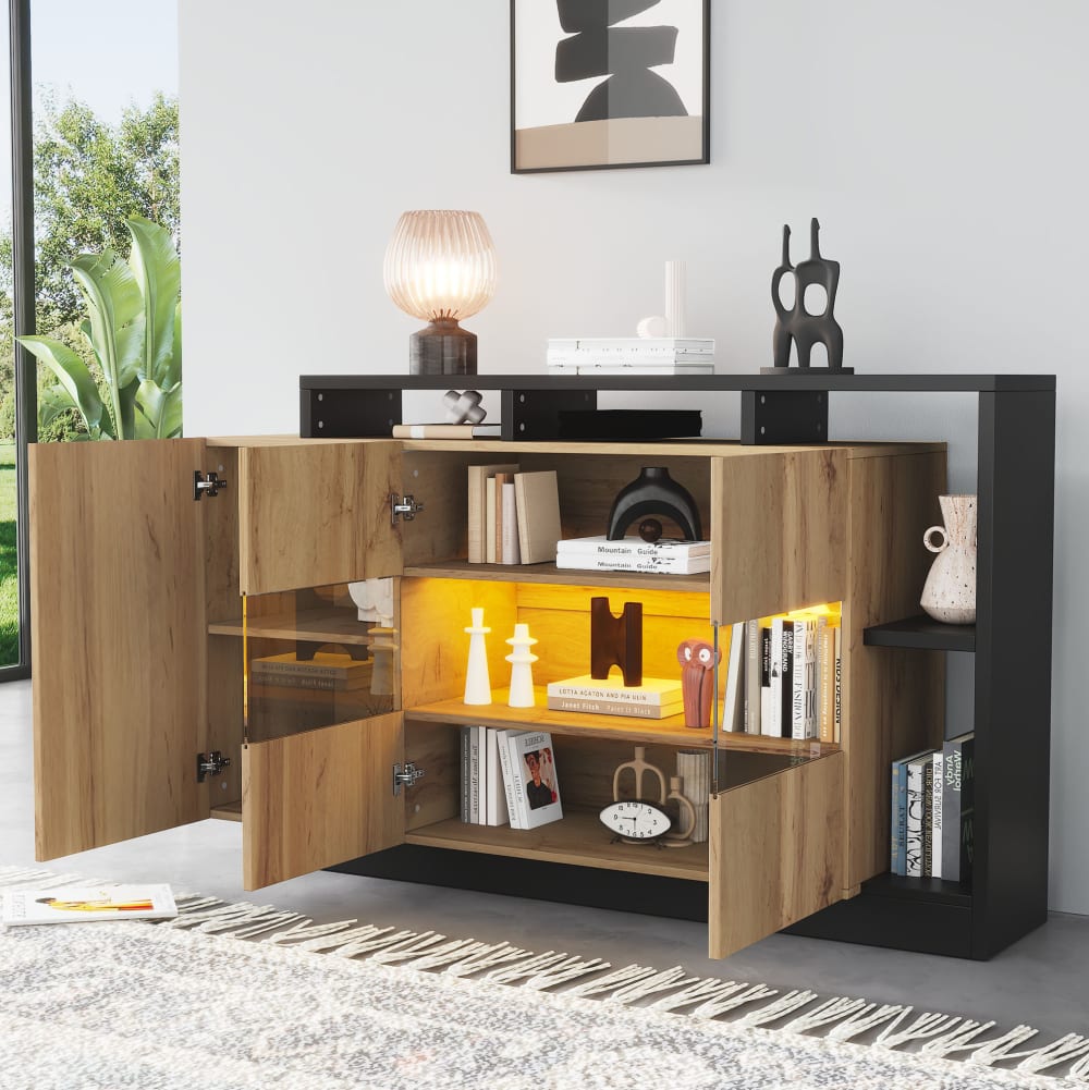 Sideboard LED , 3 Türen, 140x44x94 cm, Schwarz/Natur - Maisons Du
