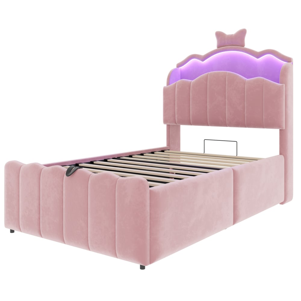Lit  enfant 90 x 200 cm avec led, port usb et rangement, rose