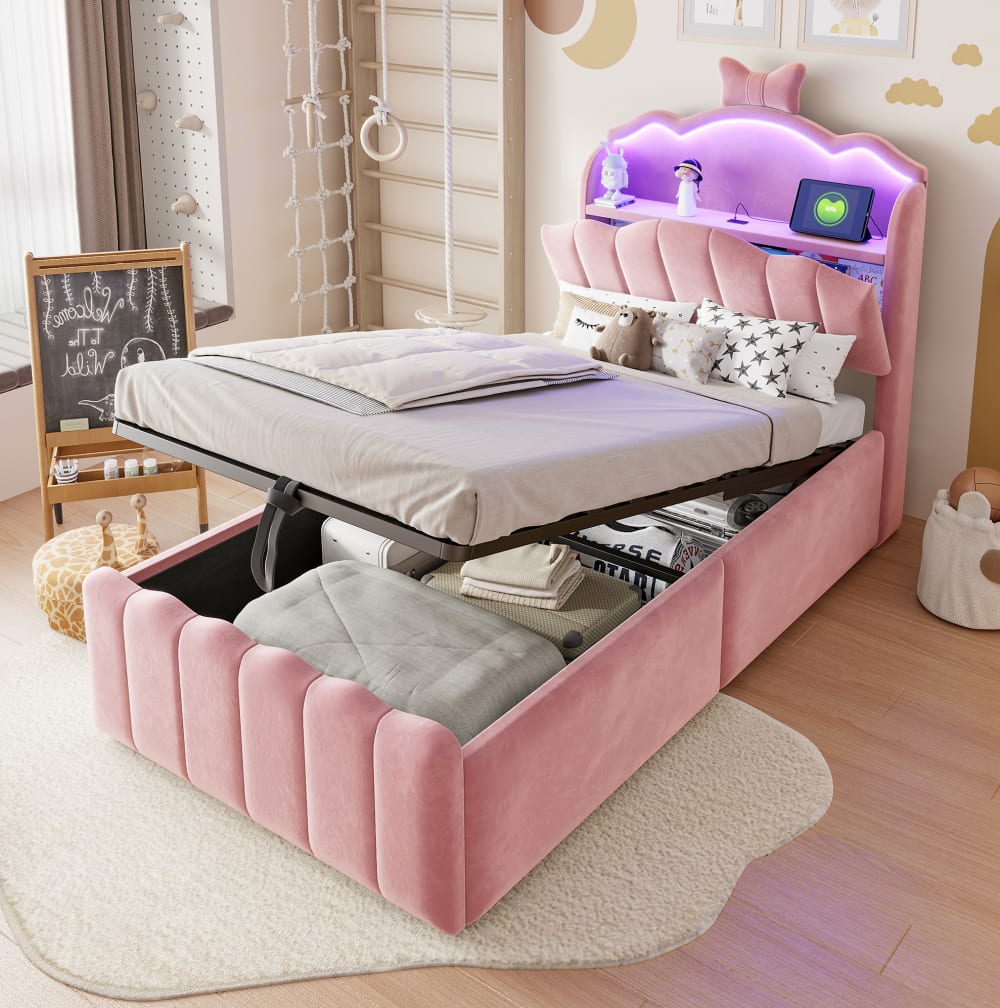 Gepolstertes Kinderbett mit Stauraum, LED, 90x200 cm, Rosa -